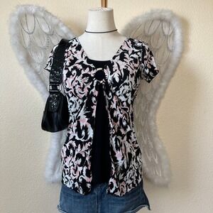 Y2K Coquette Twee Black Floral Top D-ring Cap Sleeve‎ Sleeve Black Pink Layered
